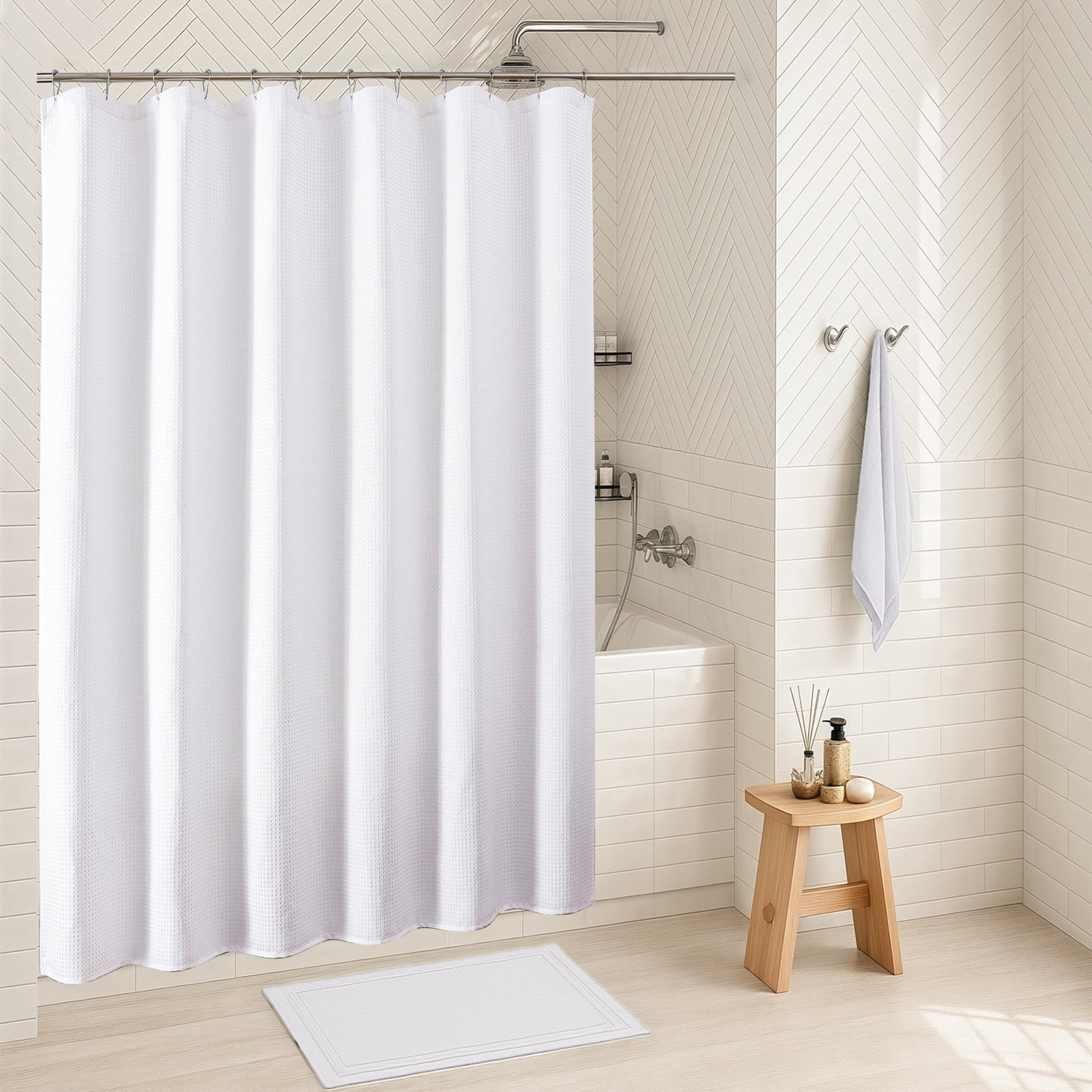 OVZME Extra Long Fabric Shower Curtain - 84 inch Long Waffle Weave Heavy Textured Fabric Bathroom Shower Curtain, Neutral Weighted Hotel Thick Bath Curtains, 72"Wx84"H, White