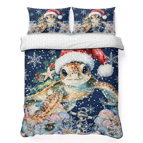 Quilts Twin XL Size Bedding Set, Christmas Sea Turtle Lightweight Quilted Comforter, Winter Snowflakes Coastal Navy Blue Reversible Bedspread Coverlet with Pillow Covers for All Season, 68" x 98"