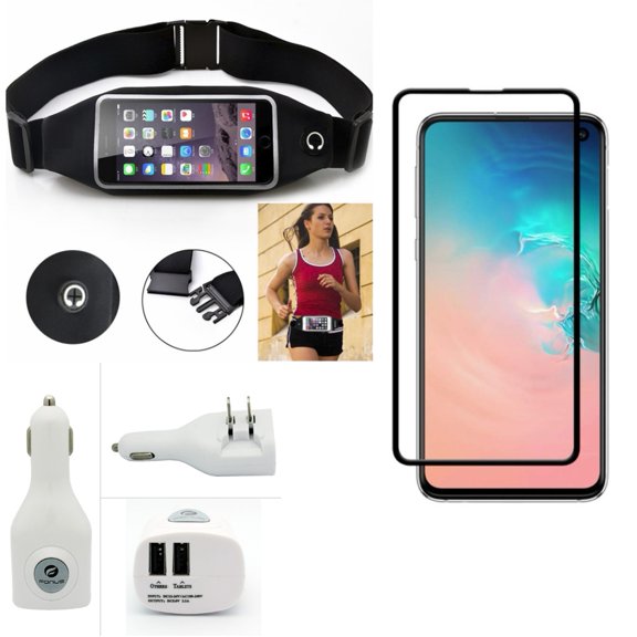 Galaxy S10e Running Waist Bag w Car Home Charger w Screen Protector - Belt Band Sports Gym Workout, 2-Port USB 2-in-1 Power, Tempered Glass 5D Curved Edge for Samsung Galaxy S10e Phone
