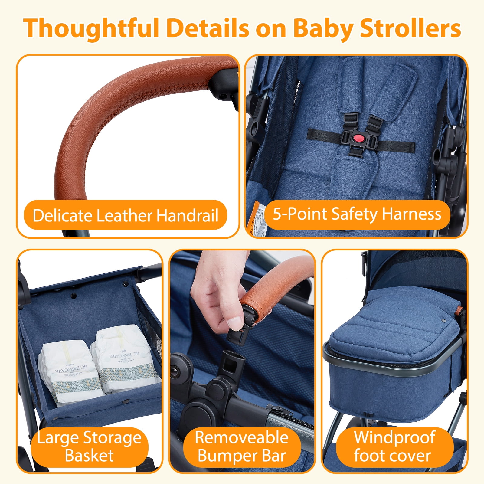 2-in-1 Bassinet Stroller, Lightweight Foldable Baby Stroller with Reversible Seat, Adjustable Canopy & All-Terrain Wheels for Newborns 0-3 Years