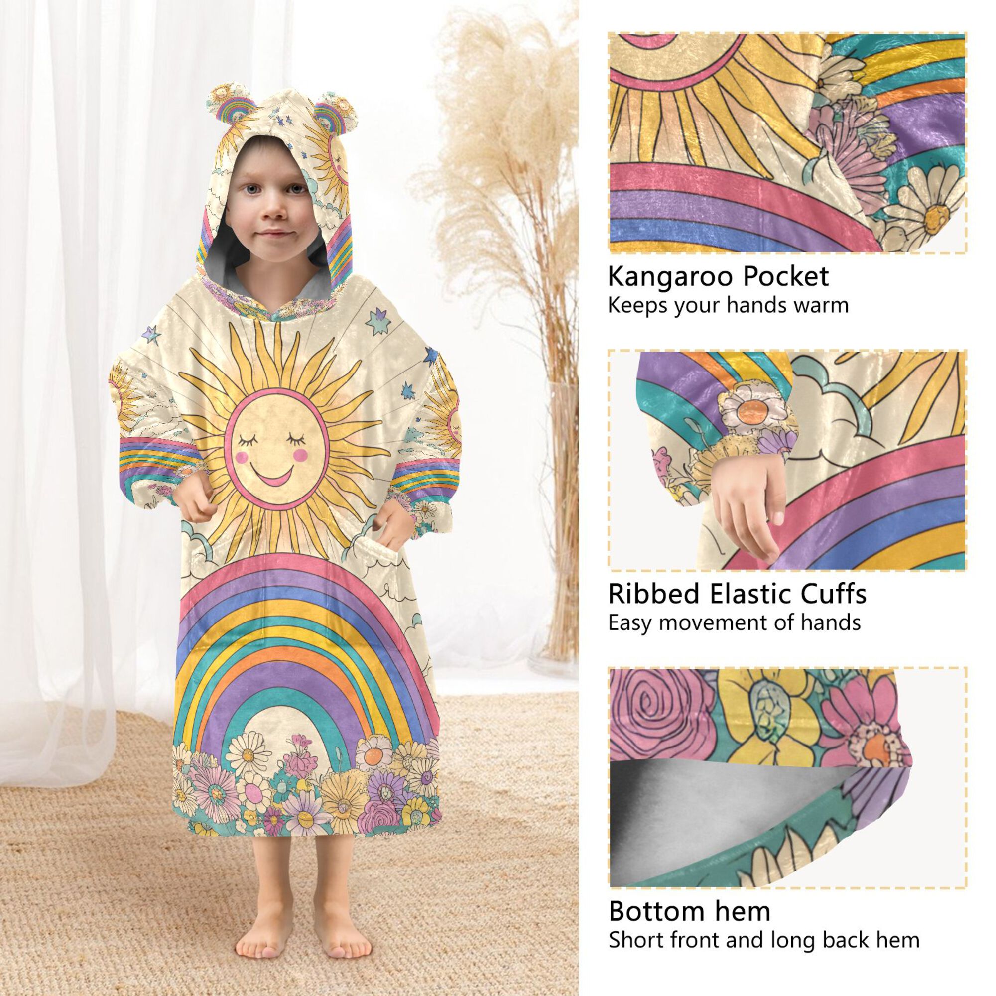 FORMRS Wearable Blanket Hoodie with Sleeves for Kids Cozy Flannel Sweatshirt, Beige Rainbow