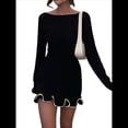 thumbnail image 1 of Vestido Minivestido Elegante de Punto con Volantes y Dobladillo para Mujer, Larga, con Parches de Colores Contrastantes, Ajustado, Estilo Suéter Corto, para Otoño. Negro L, 1 of 9
