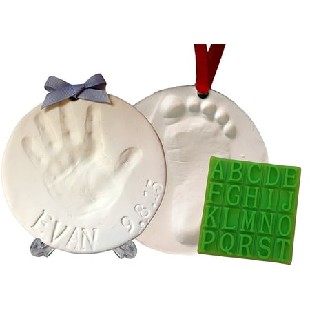 Baby Handprint Keepsake Ornament Kit (Makes 2) - Bonus Customization Tool for Personalized Gifts & Display Stand! Non-toxic Clay. No Baking. Dries Light and Soft So It Won't Crack.