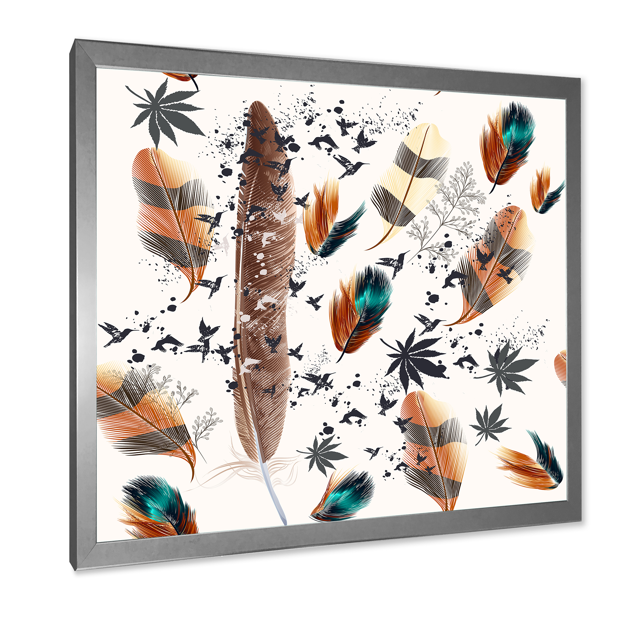 Designart 'Multicolored Feather Pattern With Floral' Bohemian & Eclectic Framed Art Print