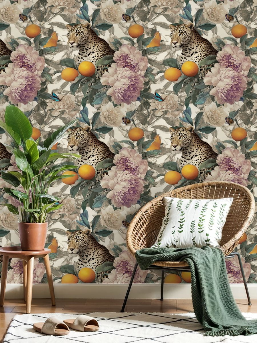 Peel and Stick Wallpaper Leopard Butterfly Floral Oranges Peonies Wall Mural 23.6in x 9.8ft Self Adhesive Removable Wall Paper Renter Friendly Wallpaper for Nursery Bedroom Cabinets