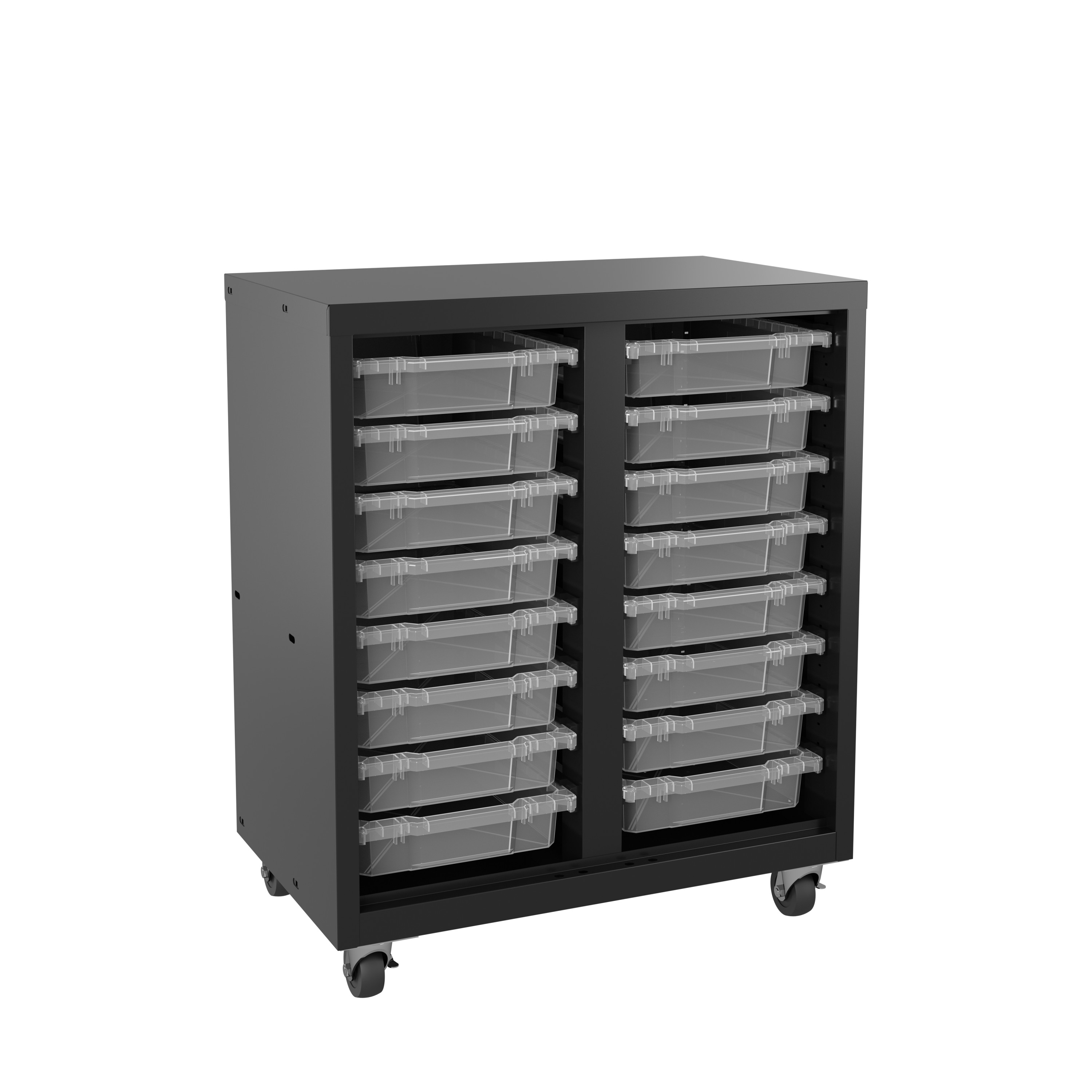 Space Solutions Bin Storage with 16 plastic tote bins, Tool