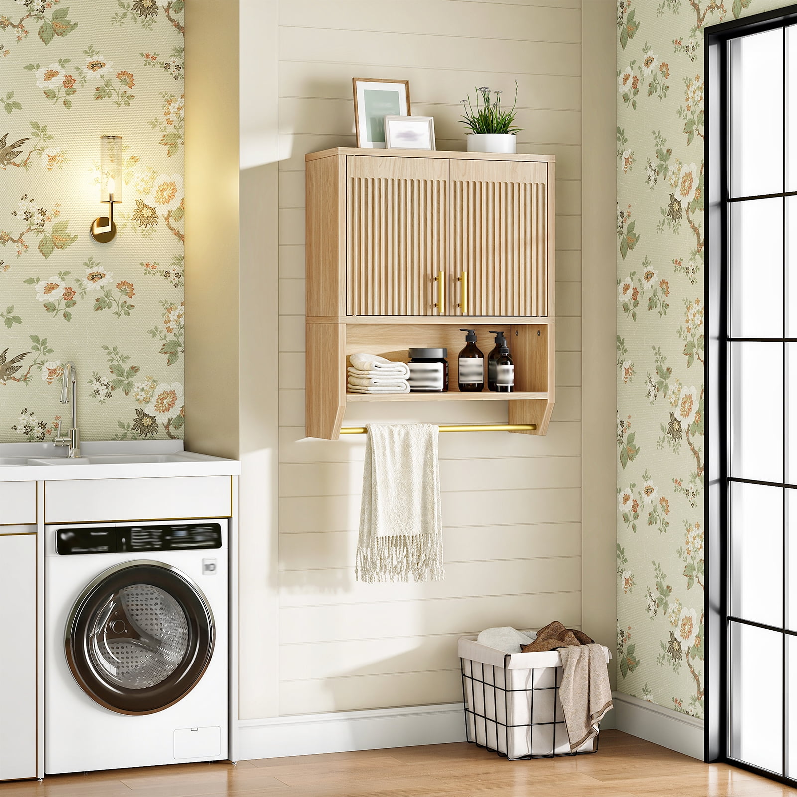 Fluted Medicine Cabinet, Farmhouse Bathroom Wall Cabinet with Towel Rack and Adjustable Shelf, Fluted Wall-Mounted Storage Organizer, for Bathroom, Kitchen, Natural,NL235CW01