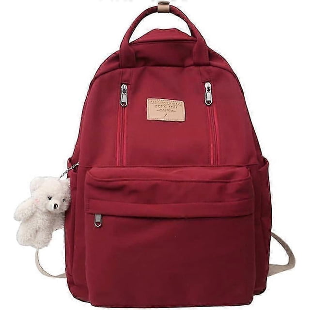 Mochila AONUOWE Preppy con peluches, linda mochila para adolescentes, estilo academia ligero, mochila escolar de estética sólida (roja).