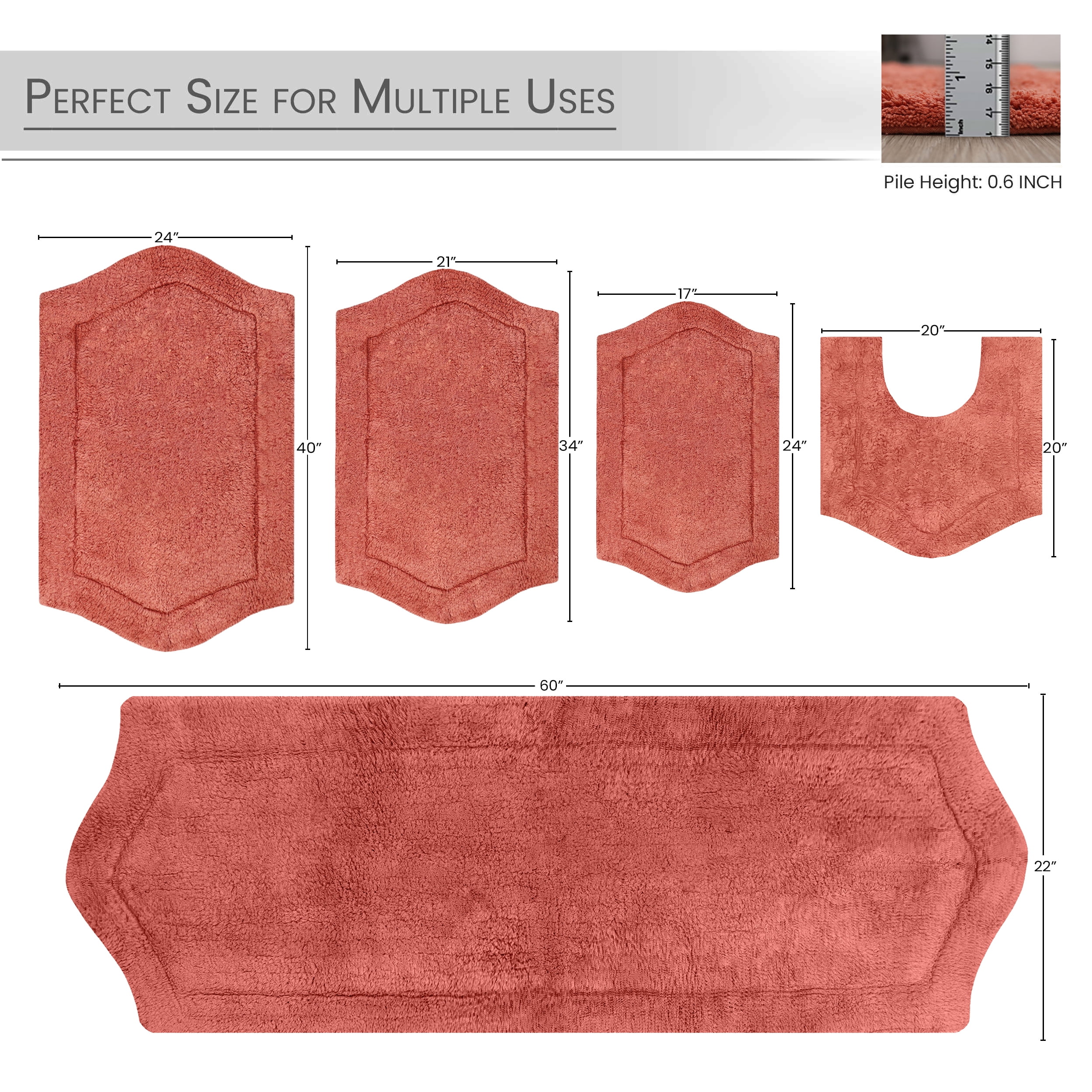 Home Weavers Inc Waterford Collection 100% Cotton Non-Slip Bathroom Rug Set, Machine Washable Bath Rug, 5 Piece Bath Mat Set with Contour Coral