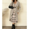 thumbnail image 4 of Women's Dress 2 Piece Outfits Ribbed Knitted Long Sleeve Long Cardigan Plaid Sleeveless Midi Dress Fall Sets Khaki XXXL, 4 of 8