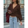 thumbnail image 6 of Women'S V Neck Wrap Sweater Long Lantern Sleeve Cinched Waist Crop Tops Fall Knitwear Brown XL, 6 of 9