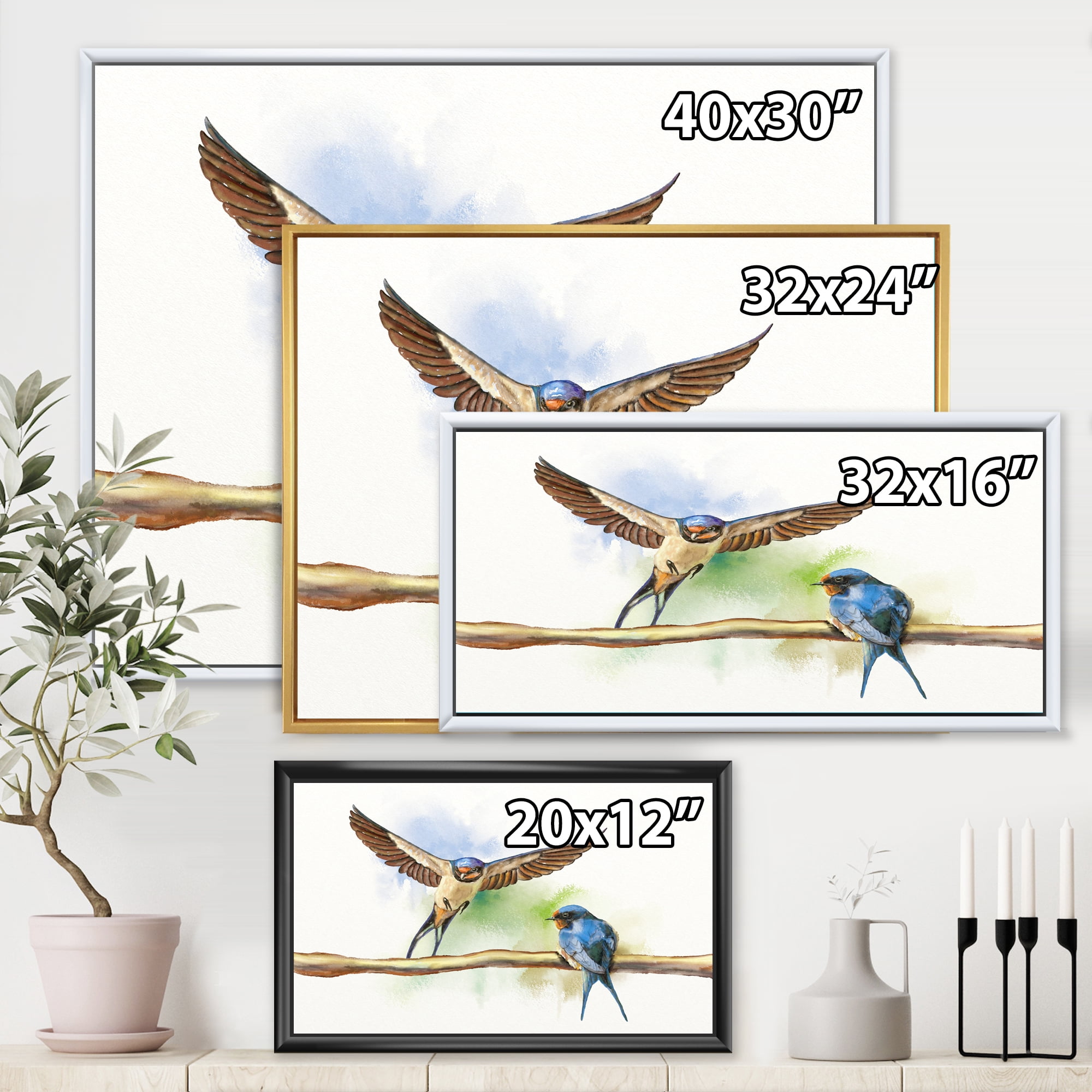 Designart 'Two Barn Swallows Birds On Branch' Farmhouse Framed Canvas Wall Art Print