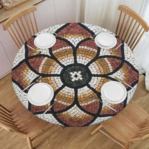 Natural Stone Mosaic Round Tablecloth Marble Elastic Fitted Table Covers for Indoor and Outdoor Kitchen Table Party Decorations