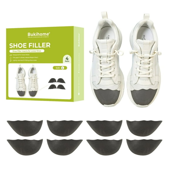 Bukihome Shoe Filler Insert - 4 Pairs Shoe Filler for Too Big Shoes, Heel Cushions for Women, Toe Inserts, Cushions for Women, Black, L