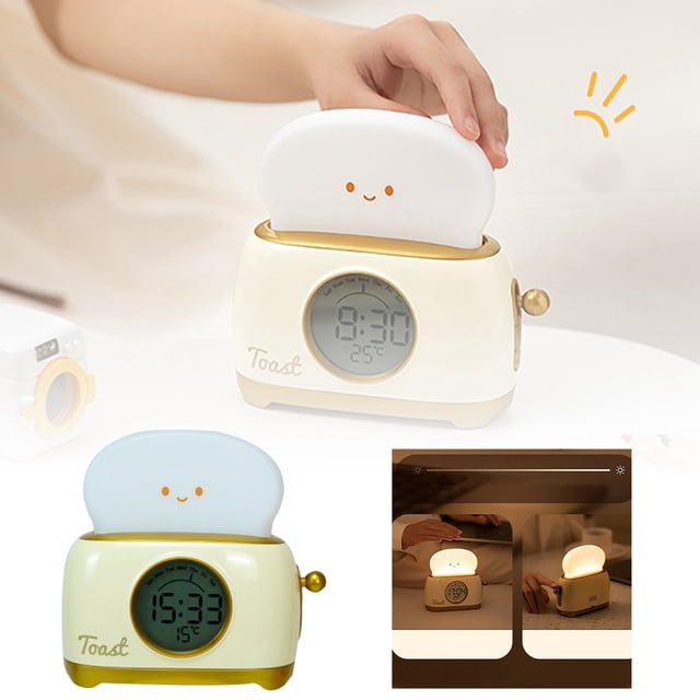 Bread Maker Night Light Cartoon Alarm Clock Night Light Student Bedside Electronic Cartoon Children Two Kids Table Lamp with Night Light 20th Birthday Decorations Light for Bedroom Dinosaur Projector