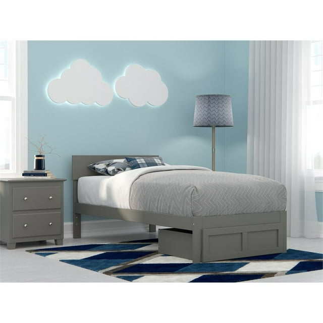 AFI Boston Solid Wood Twin Size Modern Bed with Foot Drawer in Gray