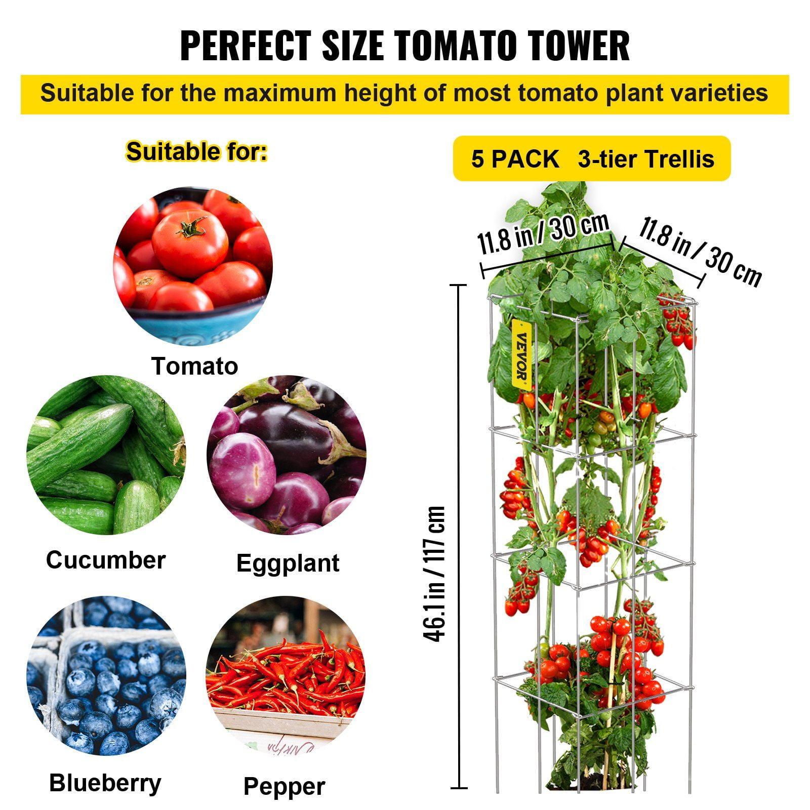 Tomato Cages 5 Pack 11.8x11.8x46.1 Inch Square Plant Support Silver PVC Coated Steel for Climbing Vegetables Plants Flowers Fruits