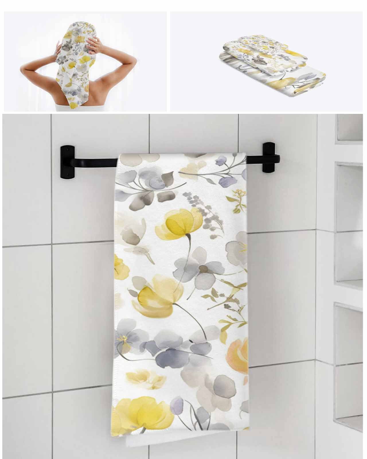 Yellow Grey Botanical Towel Set of 3, Soft Microfiber Bath Towels, Hand Towel, Washcloths, Spring Floral Watercolor Quick-Dry Absorbent Towels for Bathroom Kitchen Hotel Beach Gym Spa
