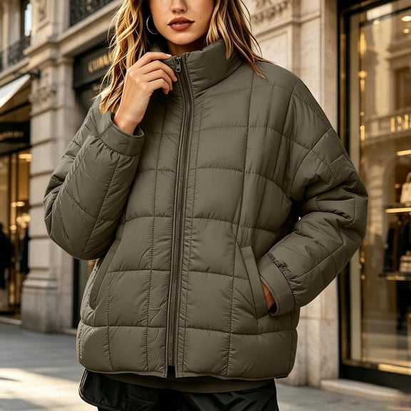 Mifsaly Quilted Puffer Jacket for Women Stand Collar Zip Up Long Sleeve Oversized Lightweight Winter Coat Fall Cold Weather Casual Warm Outerwear with Pockets Army Green,XL