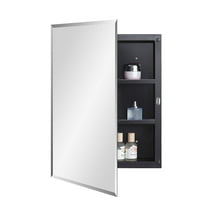 Black Plastic Bathroom Medicine Mirror Cabinet 16 x 22 inch, Surface and Recessed Mount