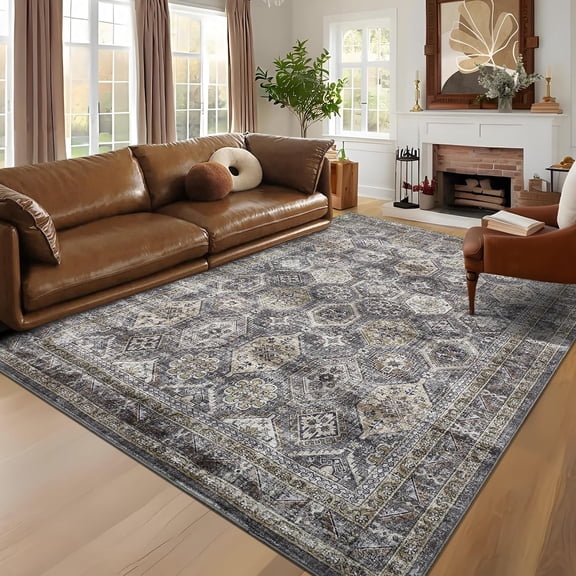 10x13 Vintage Area Rug, Non Slip Machine Washable Low Pile Living Room Rug, Grey/Brown