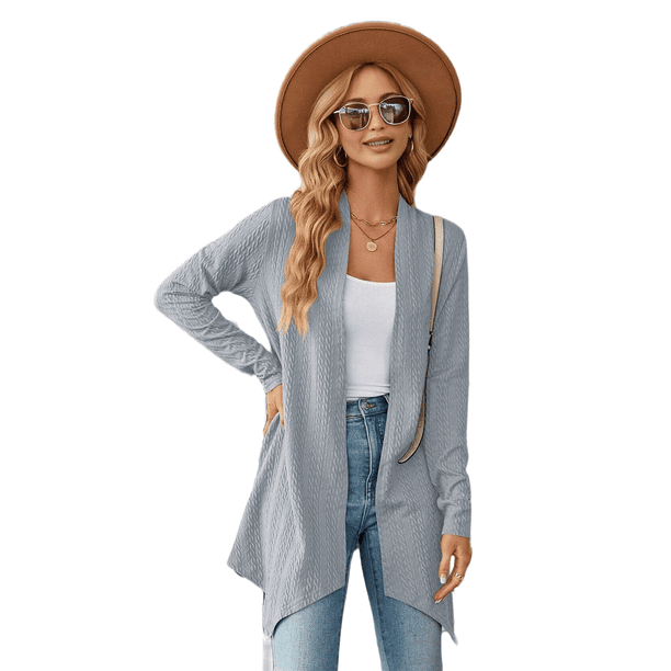 Cárdigan para Mujer, Elegante, Informal, de Larga, Abierto, Gris, Azul, Talla S