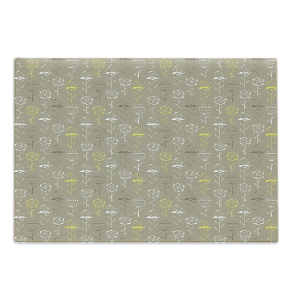 Grey and Yellow Cutting Board, Hand Drawn Sketchy Tulips Flowers Leaves Butterflies Art Image, Decorative Tempered Glass Cutting and Serving Board, Large Size, Cocoa Black and White, by Ambesonne