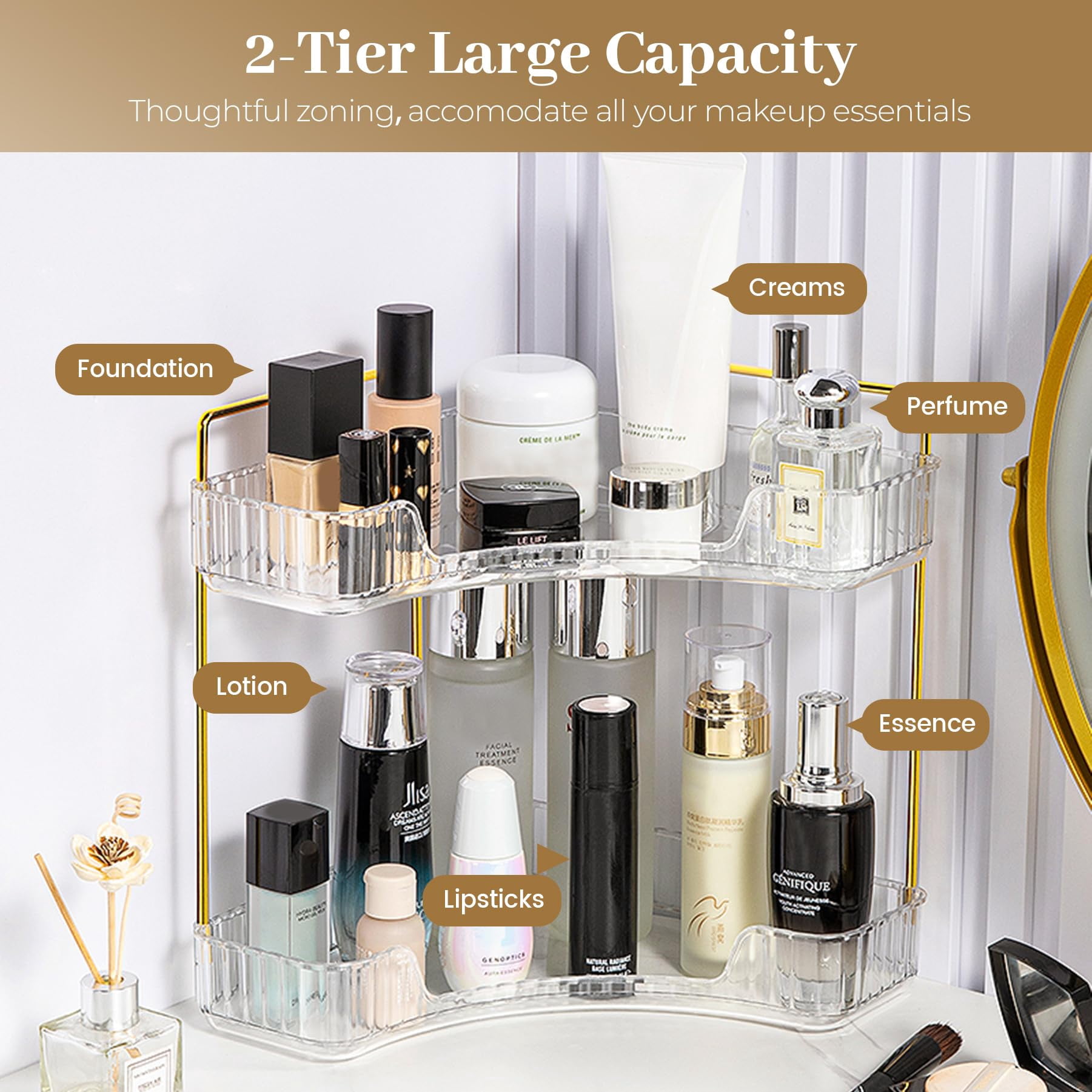 Soda Candy Corner Makeup Organizer for Vanity Countertop Space Saving Cosmetic Storage Organizer for Dresser Bathroom Kitchen, 2 Tier