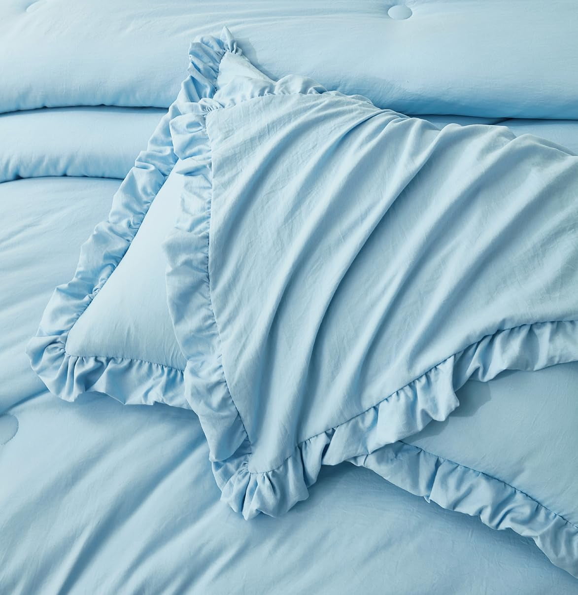 Chezmoi Collection Nora 3-Piece Chambray Blue Ruffled Edge Trim Microfiber Comforter Set, Queen Size