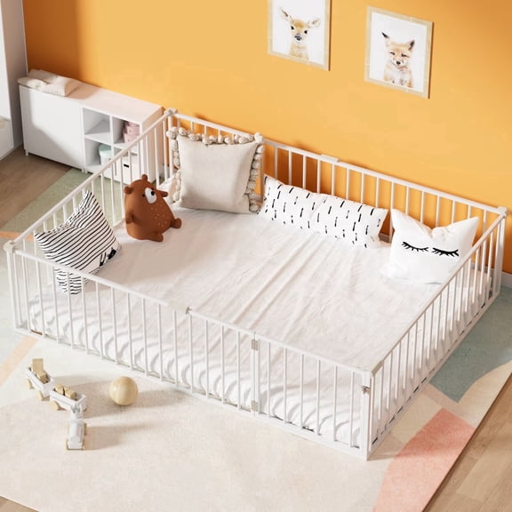 Metal Full Size Floor Bed for Kids and Toddlers, Montessori Floor Bed Frame with 20.6" High Full-Length Fence and Door, No Slats Supports, White