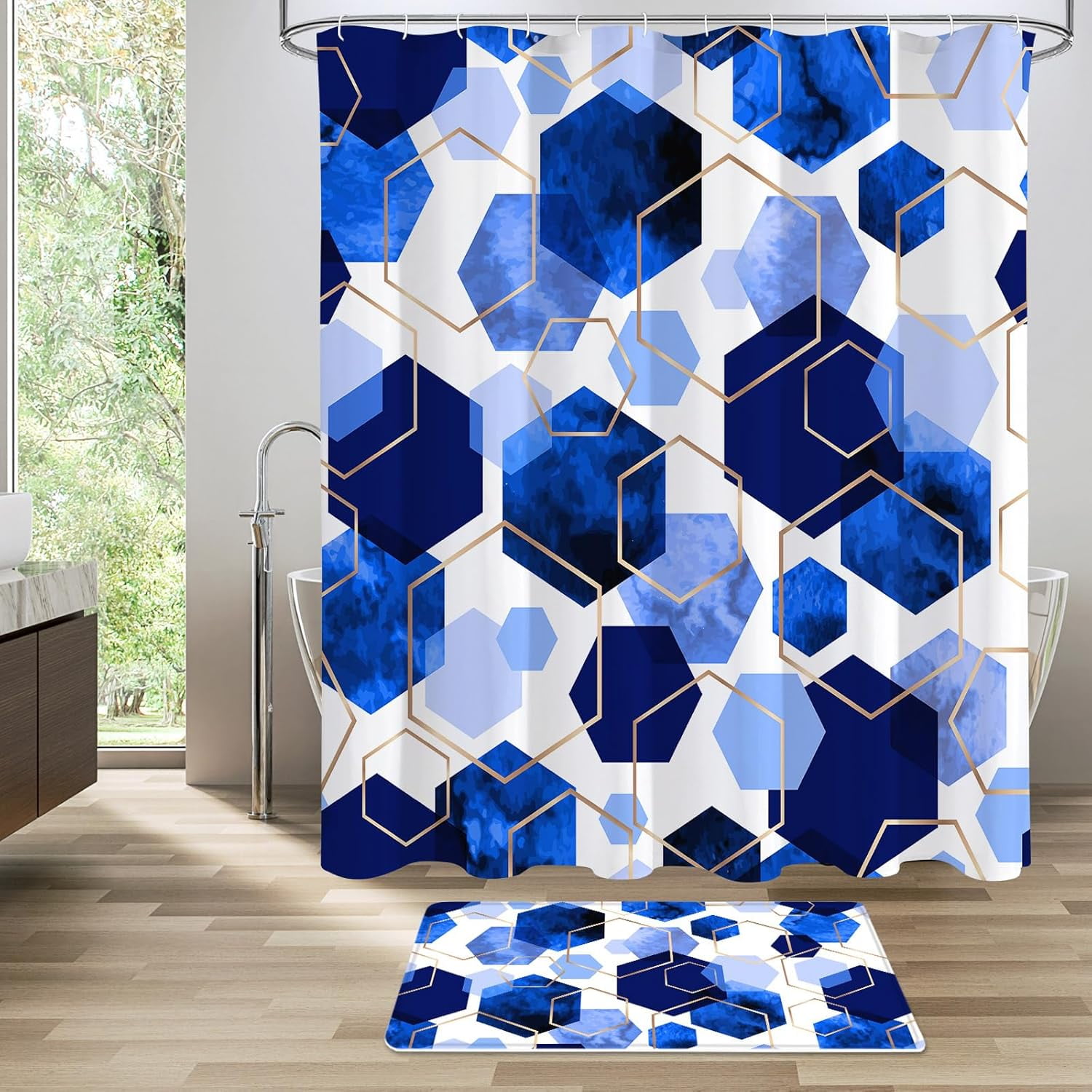 4 Pcs Royal Blue Modern Geometric Shower Curtain Set with Non-Slip Rugs, Toilet Lid Cover and Bath Mat, Abstract Bathroom Decor Set with Shower Curtain and Rugs
