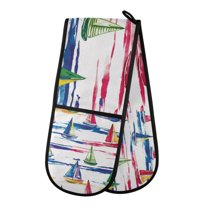 Yayeee Double Oven Mitt Kitchen Heat Resistant Baking 35" x7" Quilted Glove, Hand Drawn Sailboats