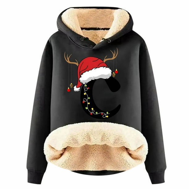 WILLBEST Sudaderas para Mujer, Sudadera con Capucha Estampada con Letras Navideñas, Lana Gruesa, Cálida para Invierno, Estilo Pullover, Sudadera de Moda XX-Grande