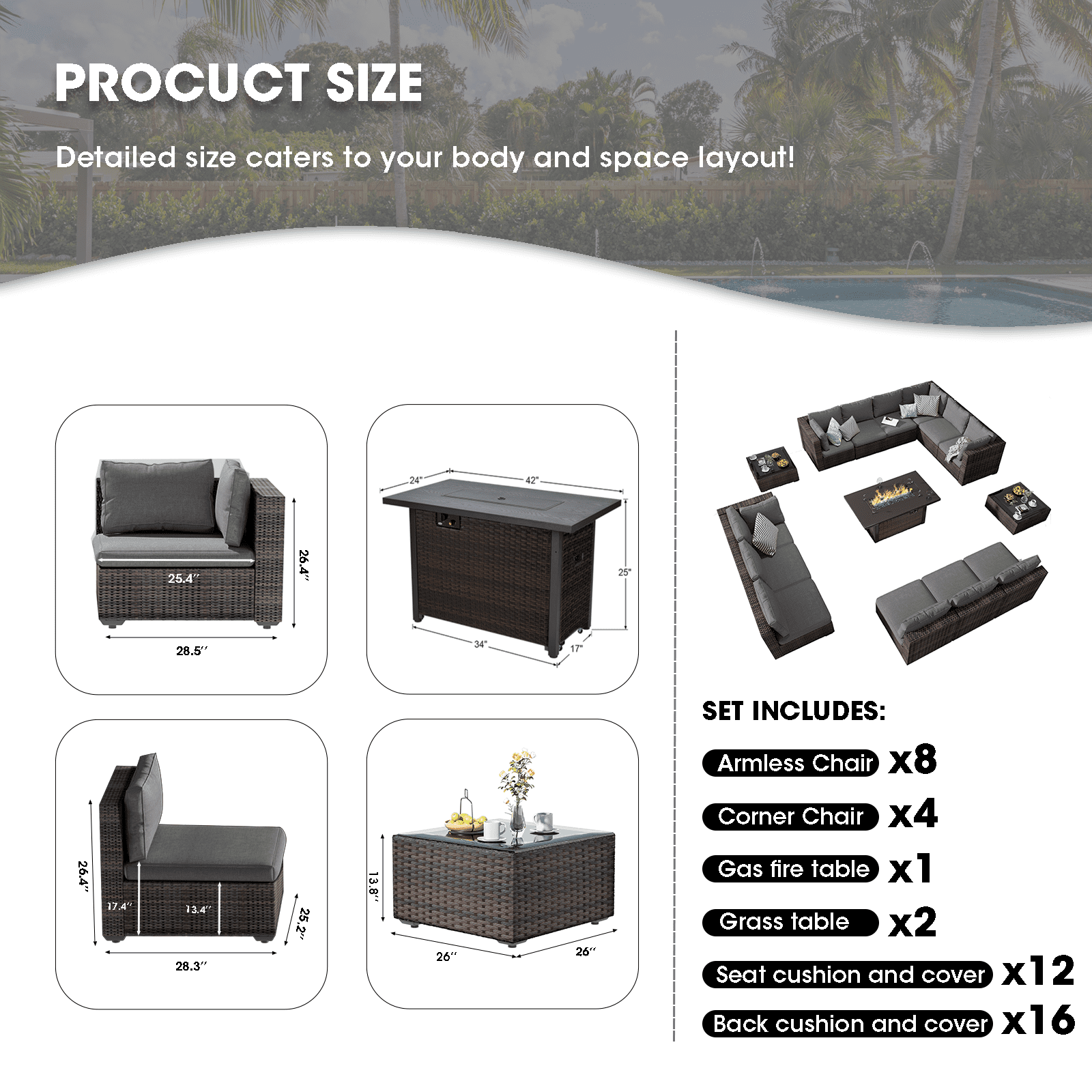 Gaildon 15 Pieces Patio Furniture Set with Fire Pit Table, All Weather Outdoor Sectional PE Rattan, Patio Conversation Sets Cushions & Black-glass Coffee Table for Garden Lawn Balcony Porch Deck,Grey