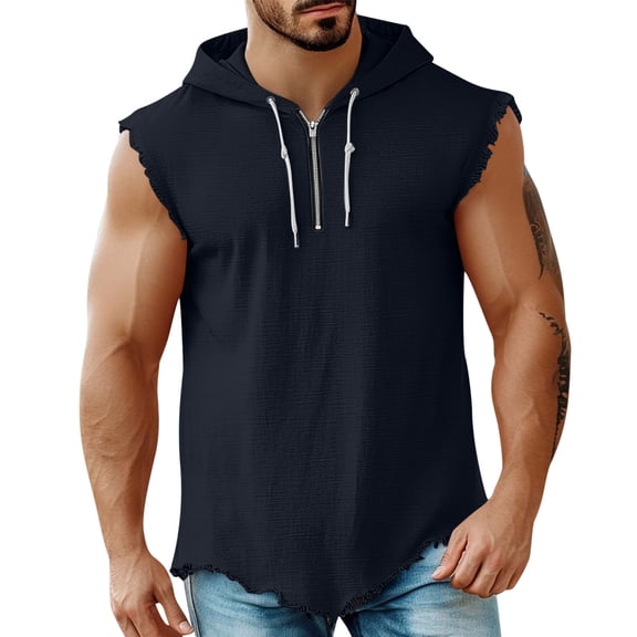 GUZOM Mens Cotton Linen Blend Sleeveless Hoodie Raw Edge Distressed Armholes Half Zip Streetwear Tank Top Navy,Size L