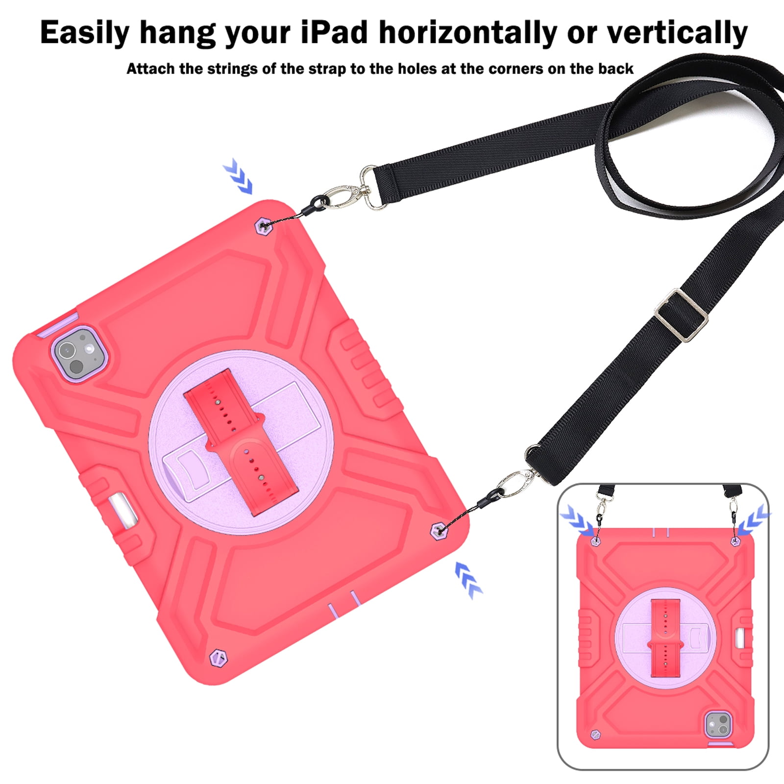 Military Grade Case for Apple iPad Pro 11 2024,Shoulder Strap Shockproof iPad Case with Pencil Holder 360 Rotating Hand Strap+Kicstand Rugged Siicone and Hard PC Case,Redpurple