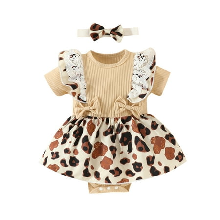 

Baby Girl 2Pcs Summer Outfits Short Sleeve Bow Front Floral/Leopard Romper + Headband Set