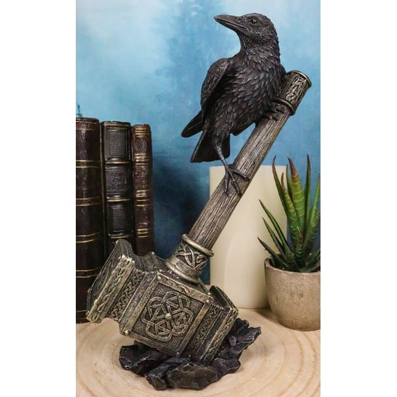 Odin Raven Perching On Thor Hammer Mjolnir With Viking Runes Skaldenmet Figurine