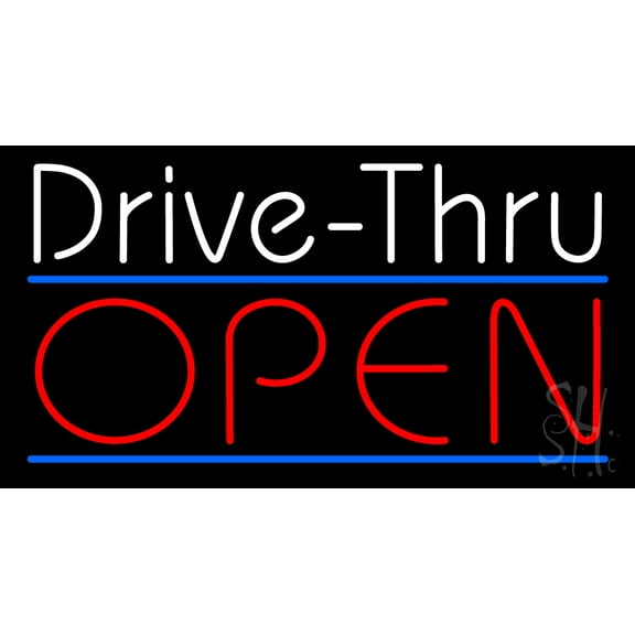 White Drive-Thru Red Open LED Neon Sign 13 x 24 - inches, Clear Edge Cut Acrylic Backing, with Dimmer - Bright and Premium built indoor LED Neon Sign for restaurant window and interior decor.