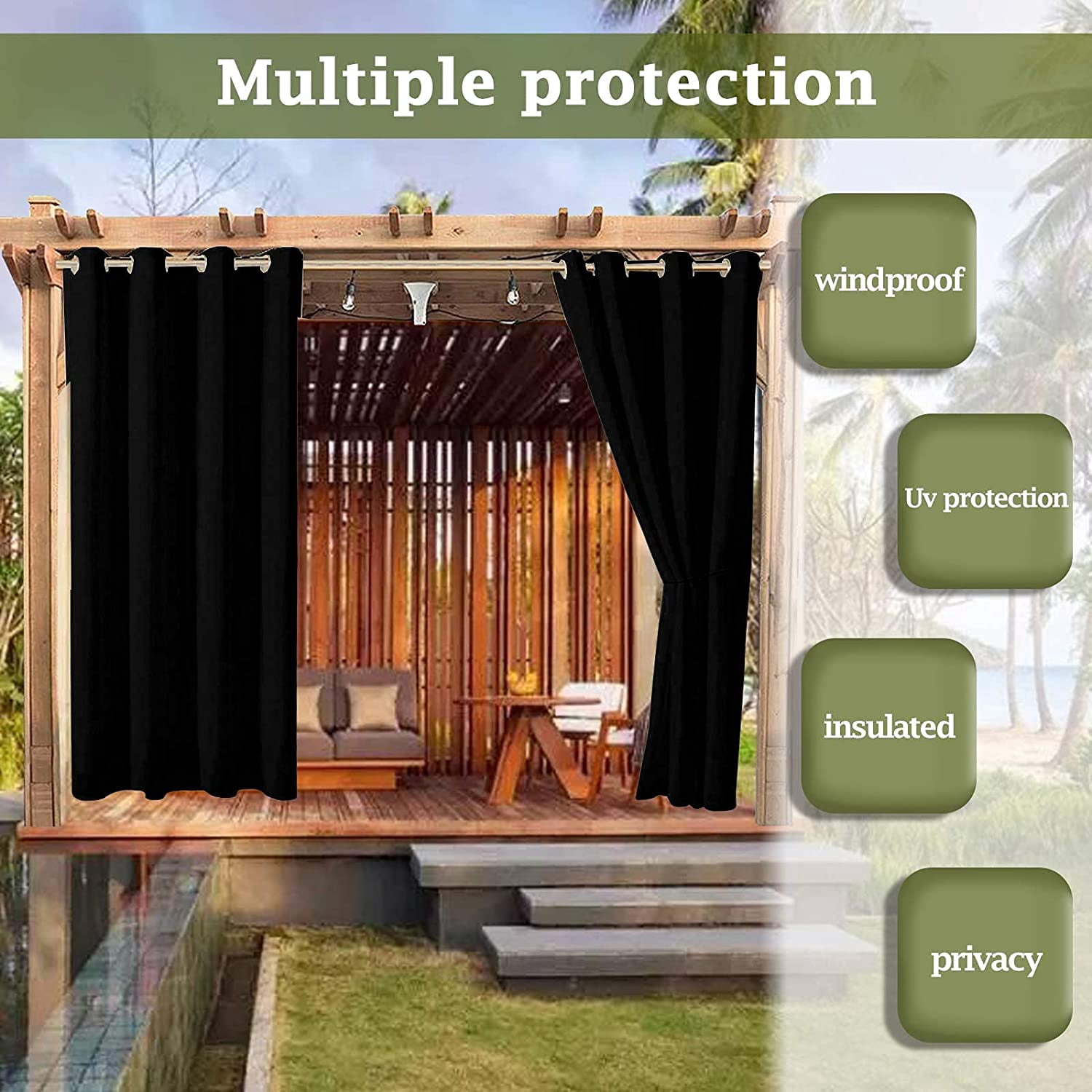 (4 Panel) Gazebo Patio Outdoor Curtains -Waterproof Garden Blackout Thermal Insulated Sun Shades Grommet Privacy Curtain for Pergola Porch, Black, W52 x L108 in