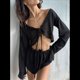 thumbnail image 4 of Conjunto de Pijama de 2 Piezas para Mujer: Top de Larga con Cordones y Pantalones Cortos, Ropa de Dormir Y2K, Conjuntos de Descanso. Negro L, 4 of 9