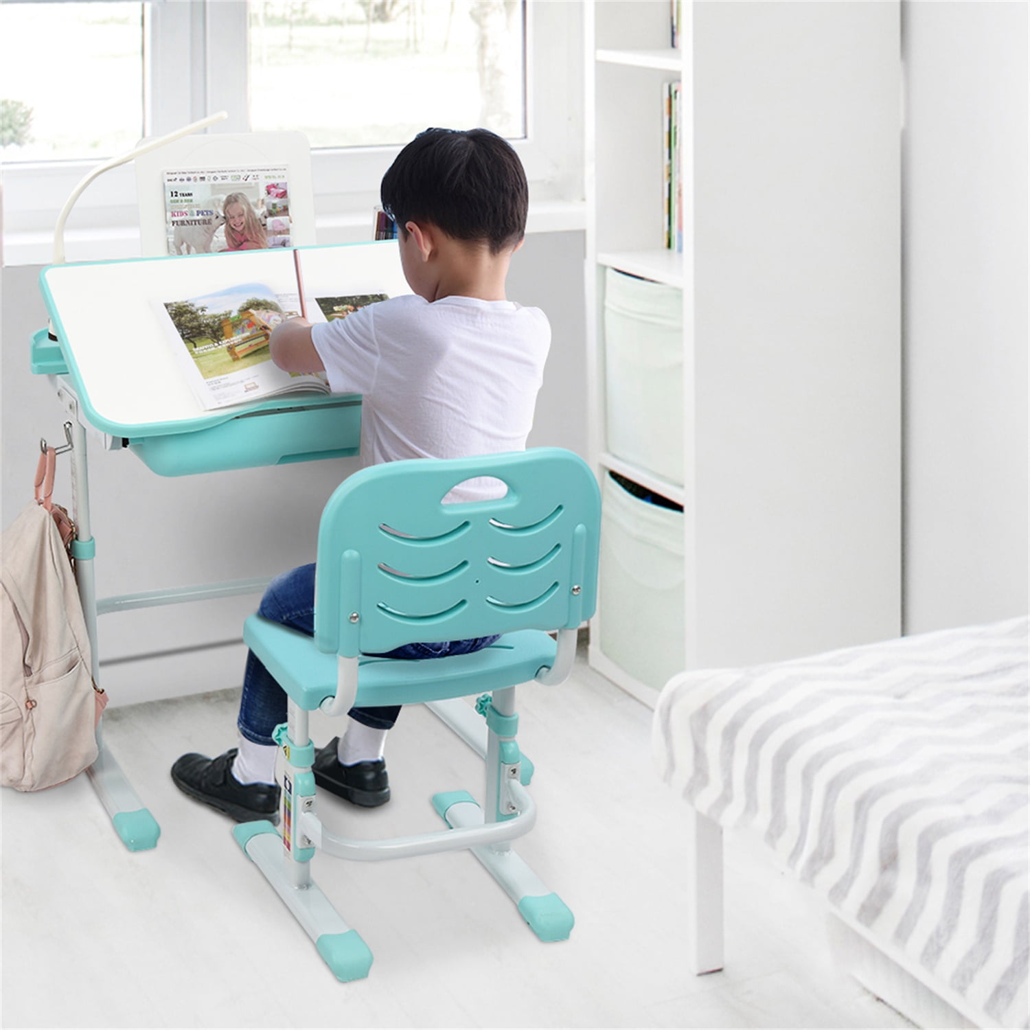 Kids Functional Desk and Chair Set, Children School Study Desk with Tilt Desktop, Bookstand, LED Light, Metal Hook and Drawer for Boys Girls (Blue) Kids Functional Desk and Chair Set, Children School Study Desk with Tilt Desktop, Bookstand, LED Light, Metal Hook and Drawer for Boys Girls (Blue)
