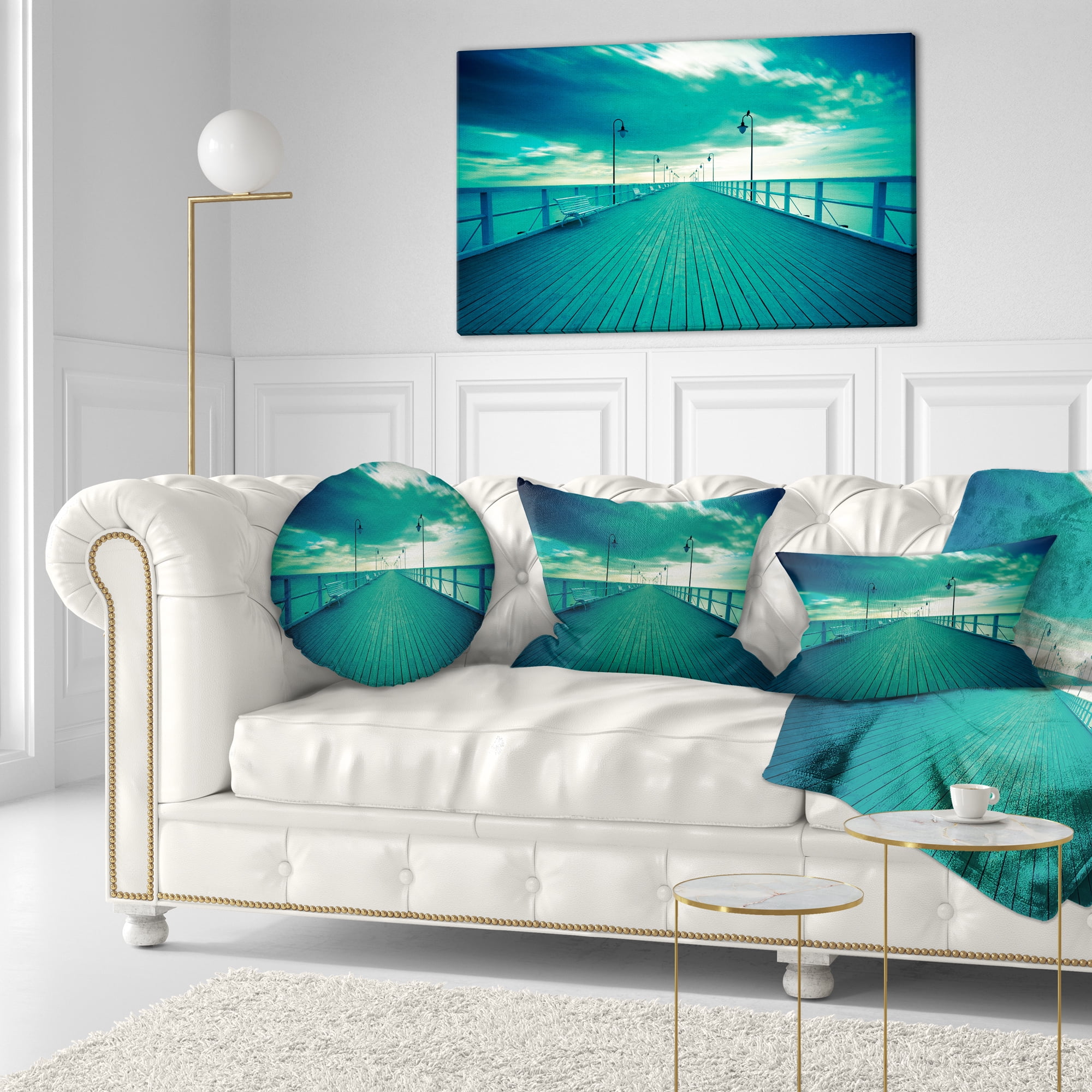 Designart Blue Seascape With Wooden Pier - Bridge Throw Pillow - 12x20