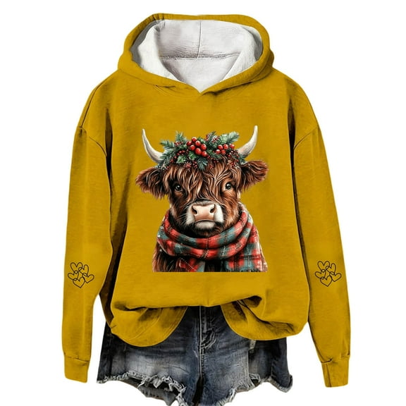 Telankuip Christmas-Dressed Highland Cow Hoodies 2025 Fashion Womens Soft Comfort Cute Graphic Pullover Sweatshirts Fall Long Sleeve Hooded Tops Casual Stylish Winter Clothes Yellow XL