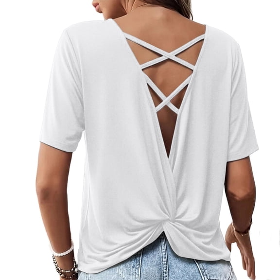 Hilenly Backless Yoga Tops for Womens Criss Cross Open Back T Shirts Short Sleeve Athletic Shirt Summer Workout Tee