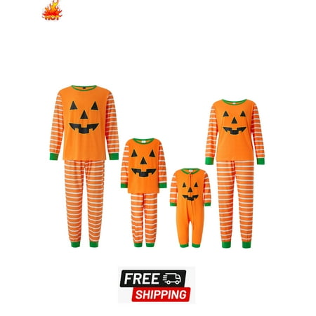

Matching Halloween Pajamas Halloween Stripe Pumpkin Print Round Neck Long Sleeve Tops+ Long Pants for Parents Kids
