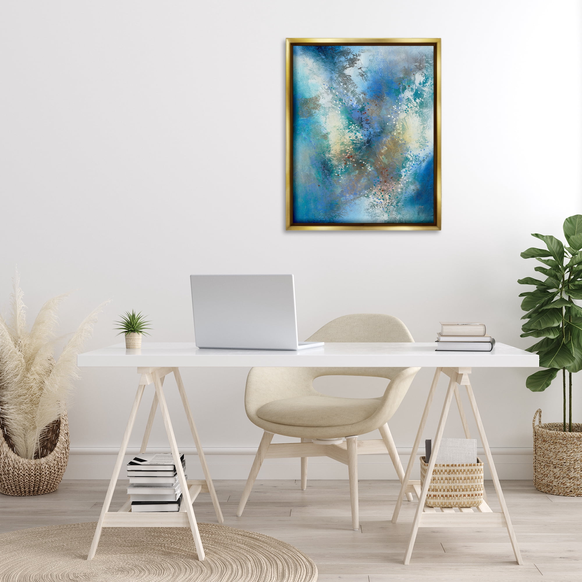 Stupell Industries Fluid Blue Abstraction Abstract Painting Gold Floater Framed Canvas Art Print Wall Art, 25 x 31