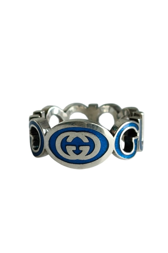 Pre-Owned GUCCI 925 Interlocking GG Logo Silver Ring, Size 16 (equivalent to size 1), with Box,...