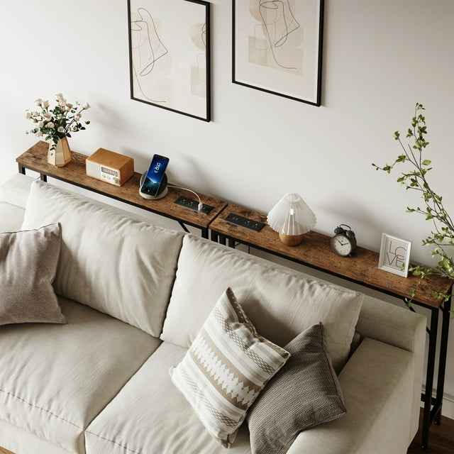5.9" Slim Sofa Console Table with Outlets and Storage – Rustic Brown Narrow Behind-Couch Table for Living Room, Entryway, Hallway and Foyer