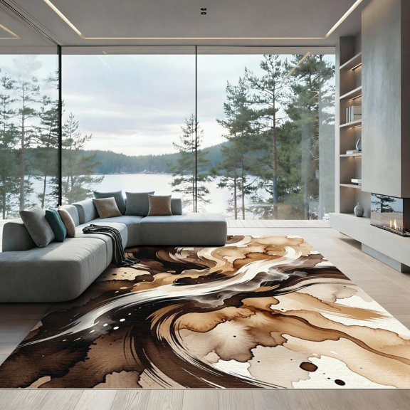 ODIKA 4'x6' Machine Washable Non-Slip Area Rug, Abstract Brown High Traffic Rug, Beige, 1256412